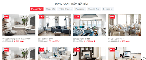 Thiết kế website hệ thống siêu thị nội thất SunMax (KISO18231) 9 Danh mục sản phẩm được trình bày rõ nét và ấn tượng